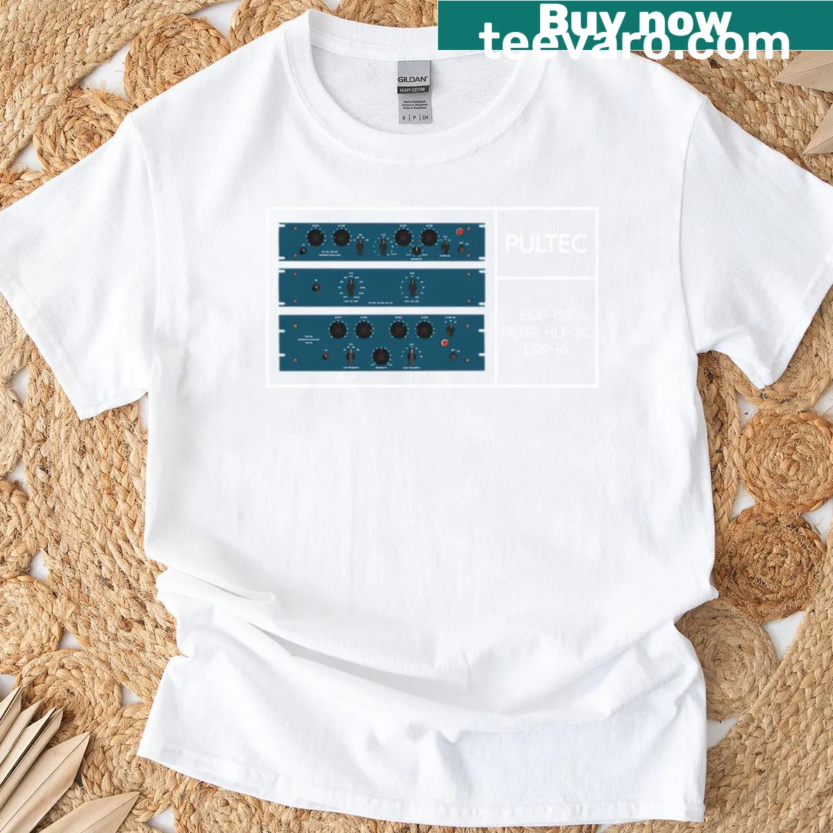 Vintage-style shirt featuring a graphic of Pultec rackmounts — on a men's t-shirt