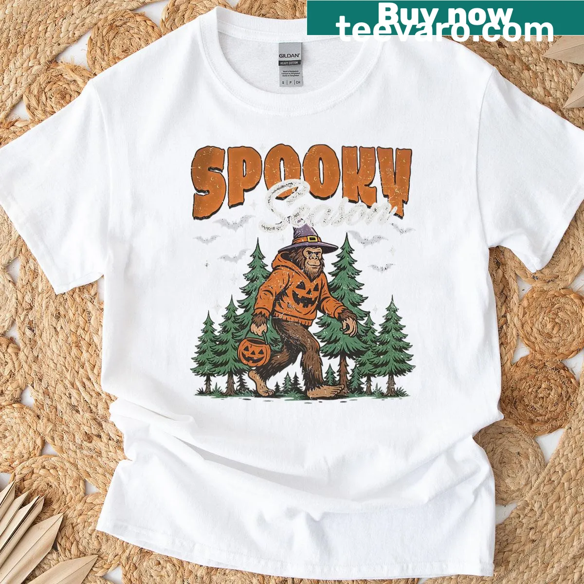 Bigfoot in a pumpkin costume Halloween t-shirt with humorous text — on a men's t-shirt