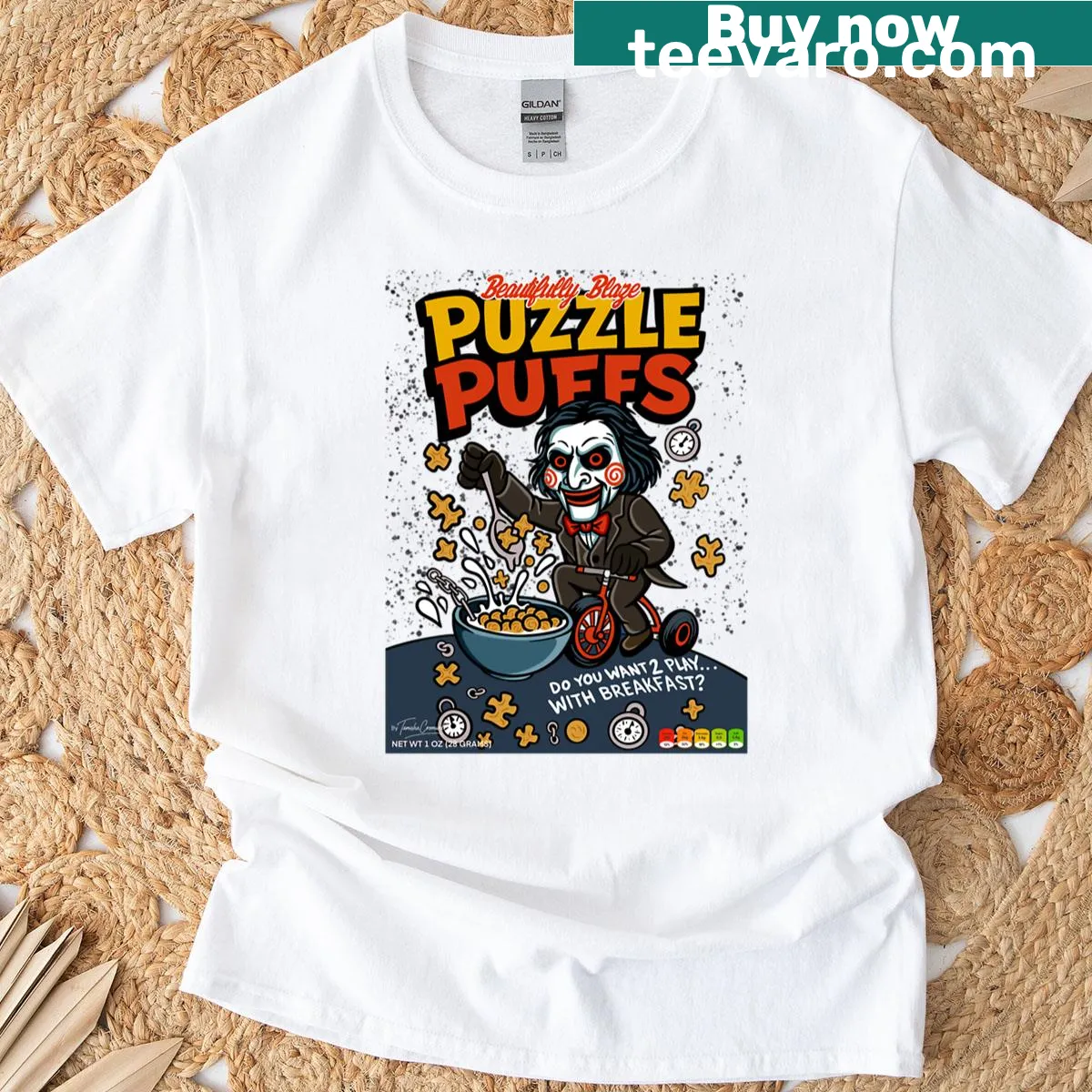 T-shirt featuring breakfast-themed jigsaw puzzle graphics — on a men's t-shirt
