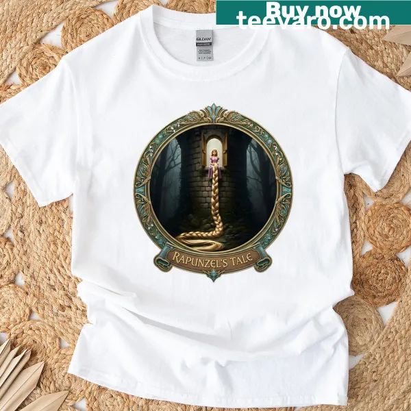 Illustration of Rapunzel in her tower on a t-shirt