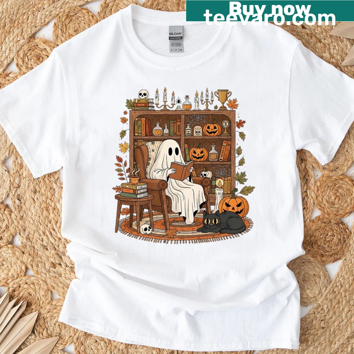 Halloween-themed shirt with a ghost and black cat design — on a men's t-shirt