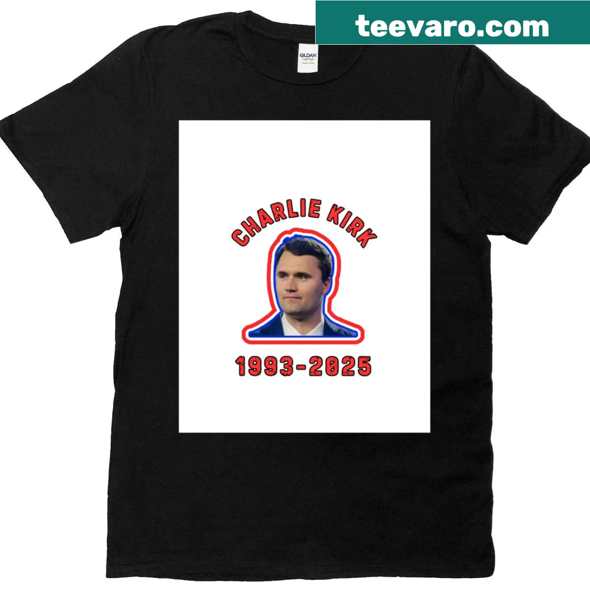 Graphic t-shirt honoring Charlie Kirk with American flag design — on a men's t-shirt