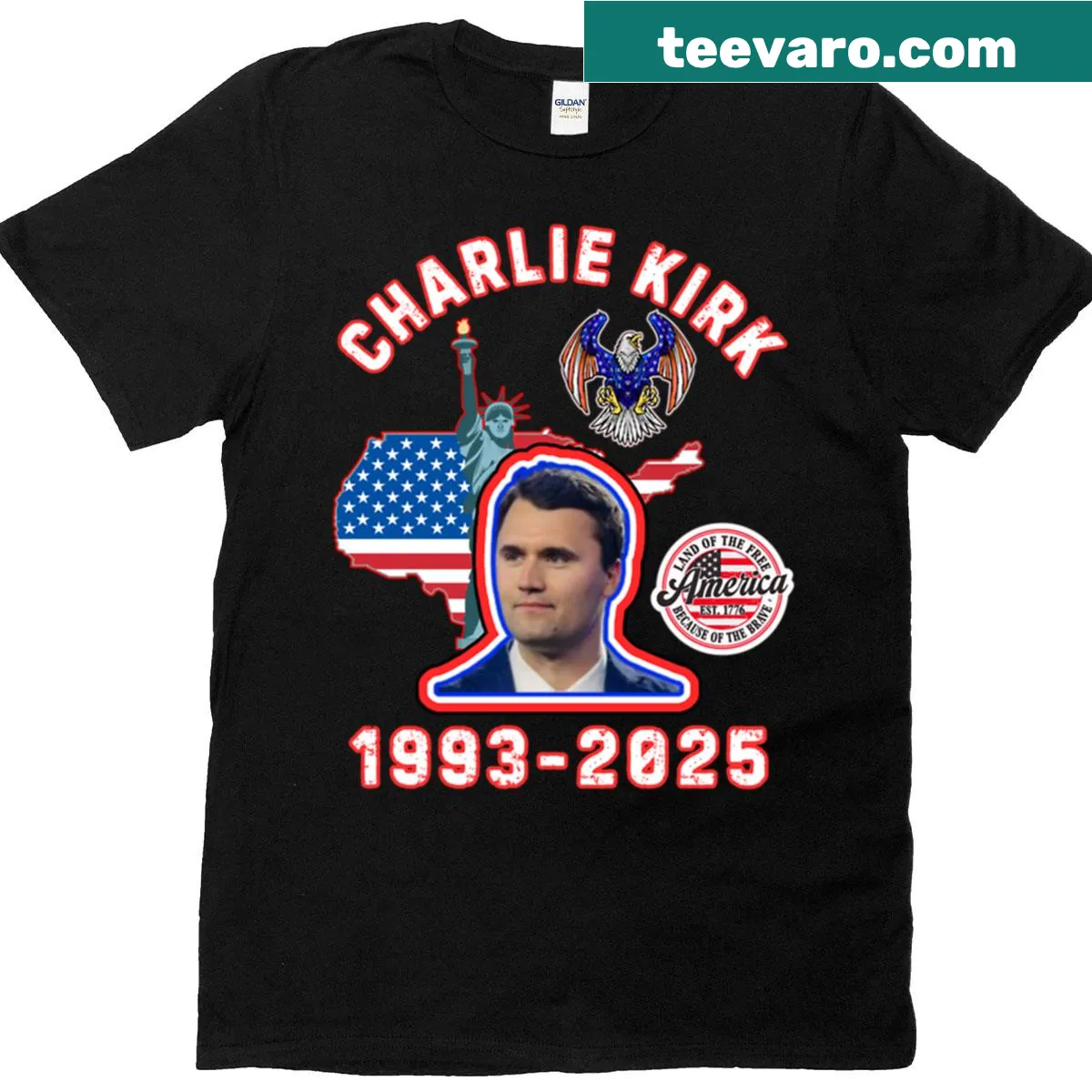 American flag t-shirt honoring Charlie Kirk with 'Rest In Peace' text. — on a men's t-shirt