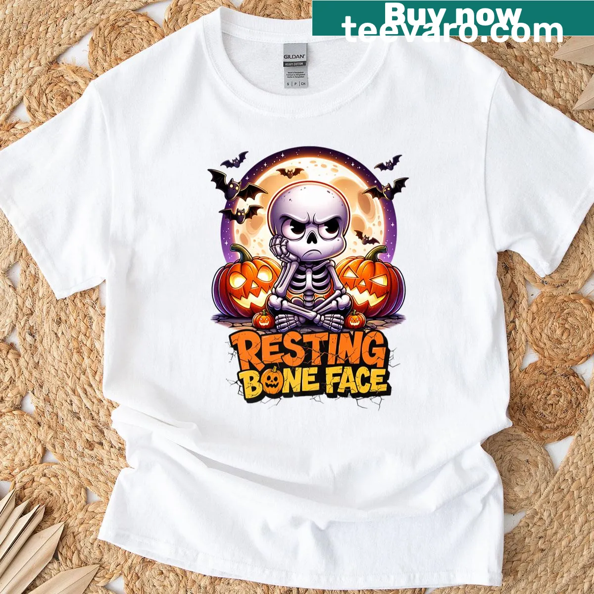 Funny skeleton face graphic with pumpkins and bats for Halloween — on a men's t-shirt