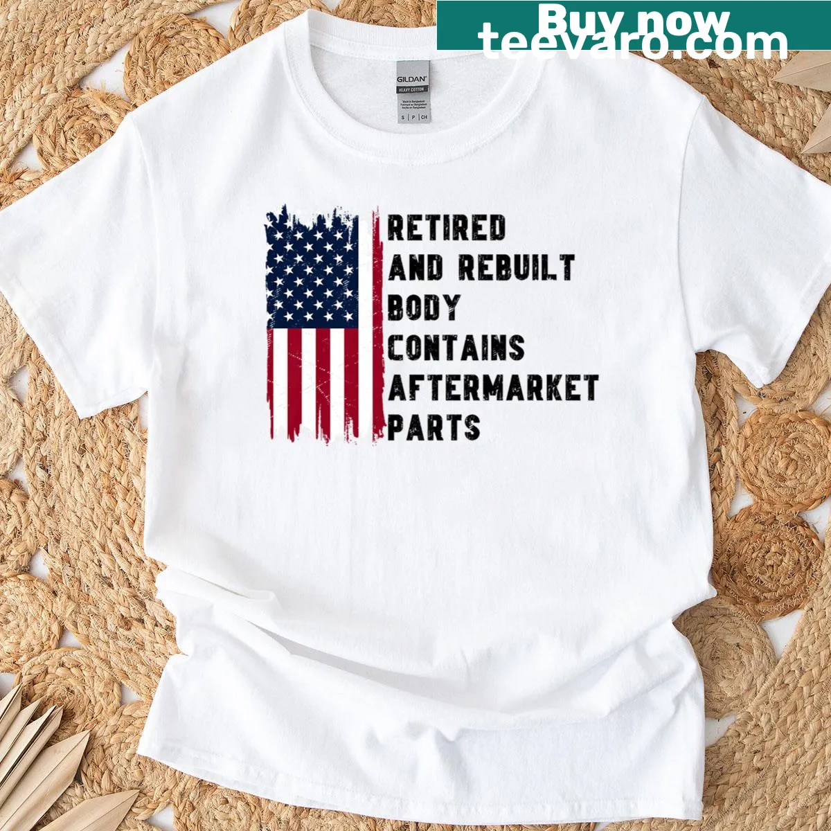 Funny t-shirt with 'Retired And Rebuilt Body' text graphic — on a men's t-shirt