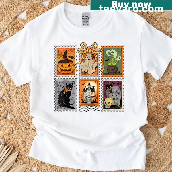 Retro Halloween-themed shirt featuring cat and ghost stamp icons