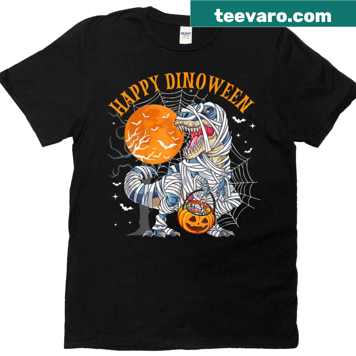 Cartoon T-Rex for Halloween with cute ghost elements on a t-shirt — on a men's t-shirt