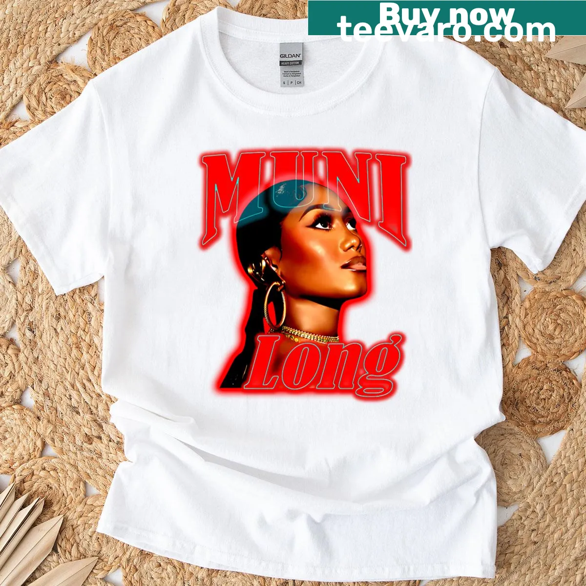 Retro Muni Long themed shirt with red glow design — on a men's t-shirt