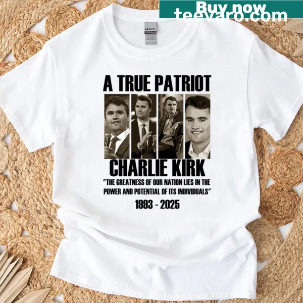 Tribute tee featuring text honoring Charlie Kirk
