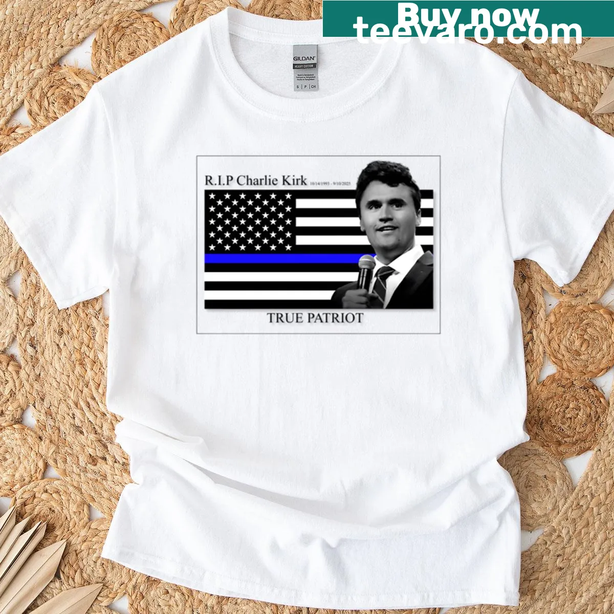Tribute t-shirt with patriotic elements honoring Charlie Kirk — on a men's t-shirt