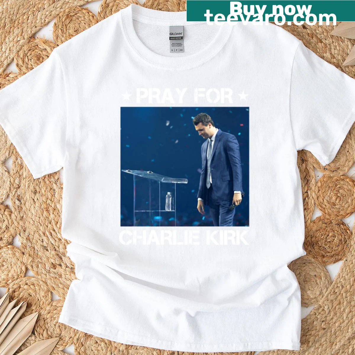 Patriotic t-shirt with American flag and text Rip Pray For Charlie Kirk — on a men's t-shirt