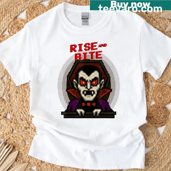 Funny Halloween t-shirt with pixel art vampire graphic