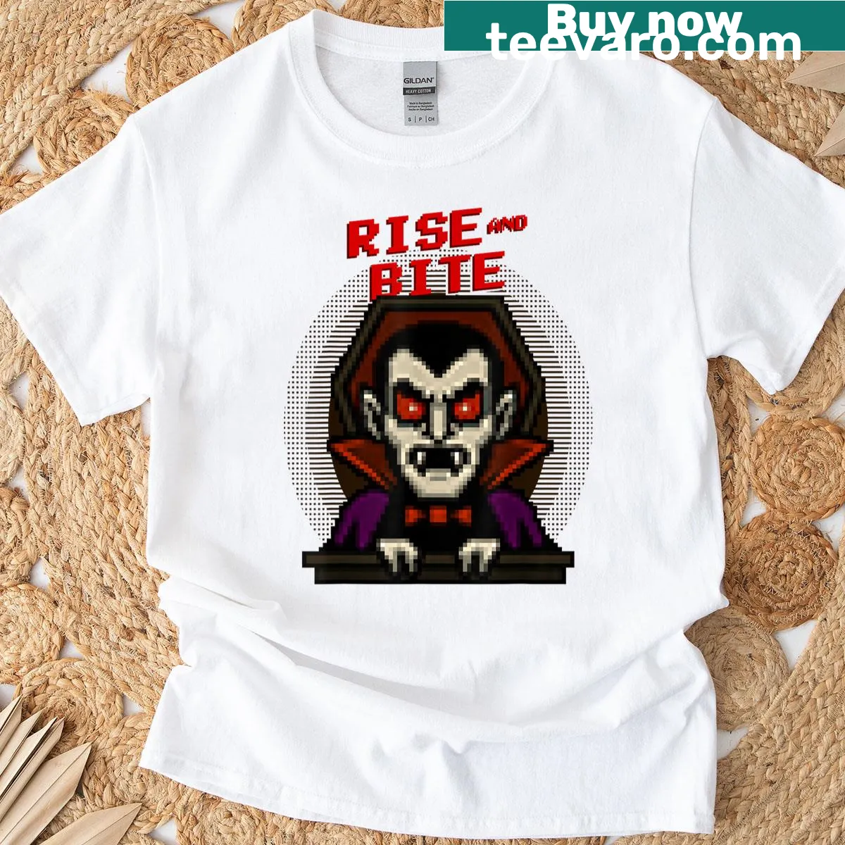 Funny Halloween t-shirt with pixel art vampire graphic — on a men's t-shirt