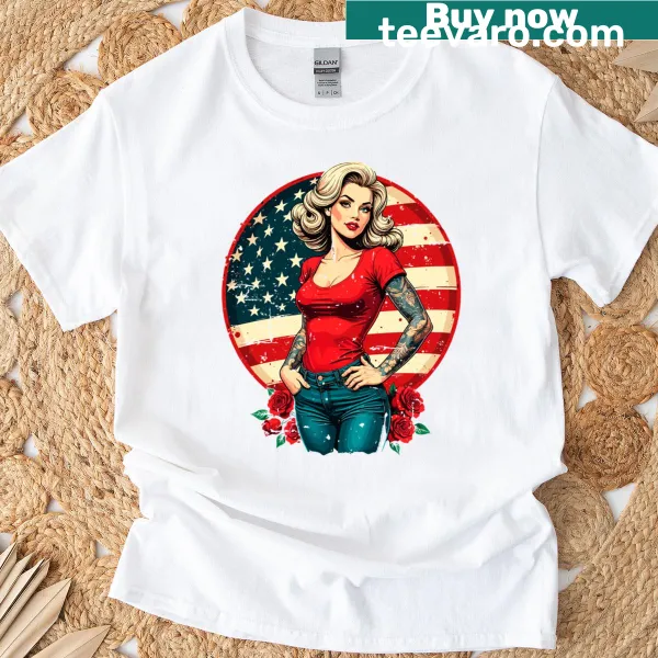 Rockabilly girl tattoo art shirt featuring American flag design.