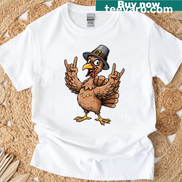Cartoon turkey making rock-on gesture for Thanksgiving
