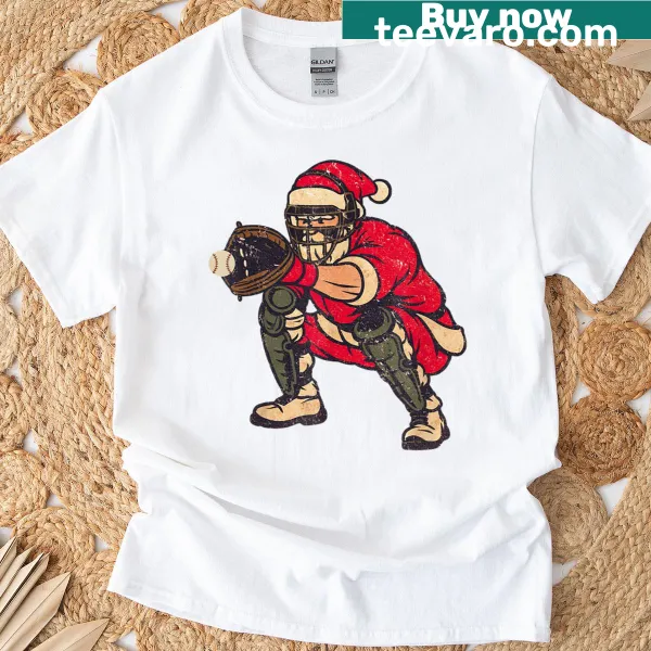 Santa Claus illustrated playing baseball in a humorous design