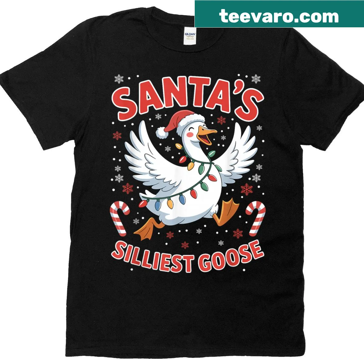 Cartoon Christmas tee with a silly goose and festive lights and candy. — on a men's t-shirt