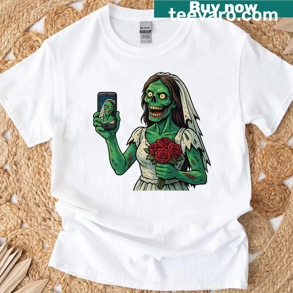 Zombie bride taking a selfie in a humorous Halloween design — on a men's t-shirt