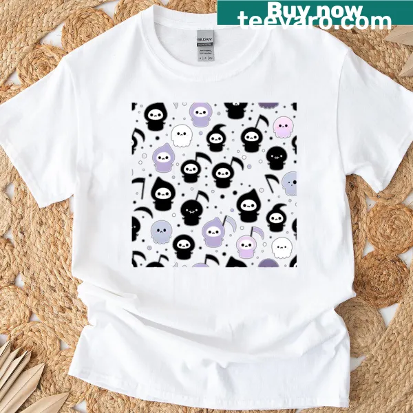 Cute Halloween pattern featuring ghosts, skeletons, pumpkins, and bats.