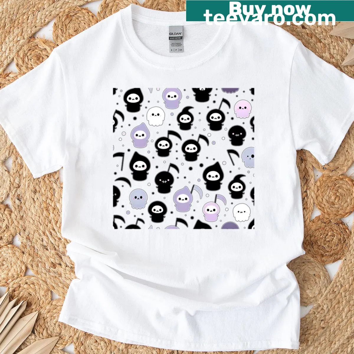 Cute Halloween pattern featuring ghosts, skeletons, pumpkins, and bats. — on a men's t-shirt