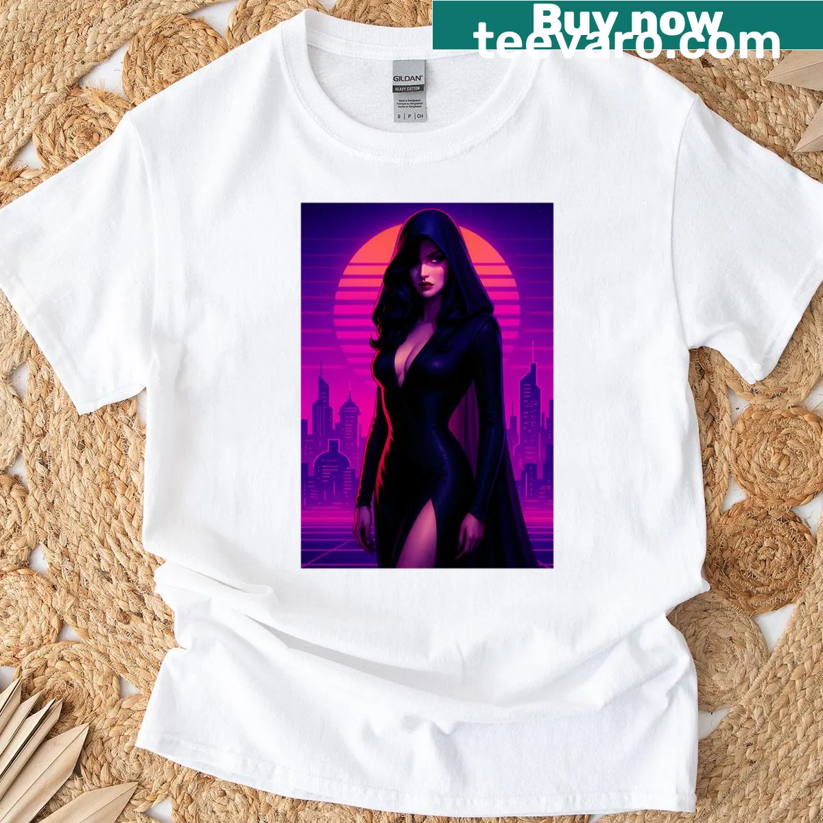 Synthwave femme fatale graphic t-shirt with mysterious design — on a men's t-shirt