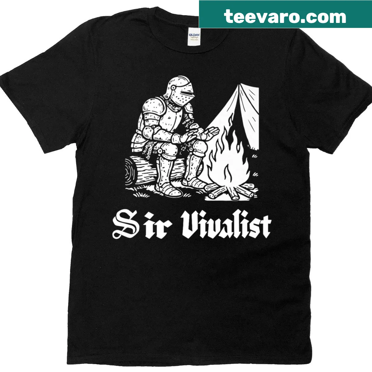 Illustration of camping gear on a whimsical survivalist t-shirt — on a men's t-shirt