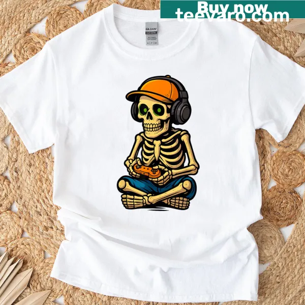 Skeleton gamer with headphones and controller illustration