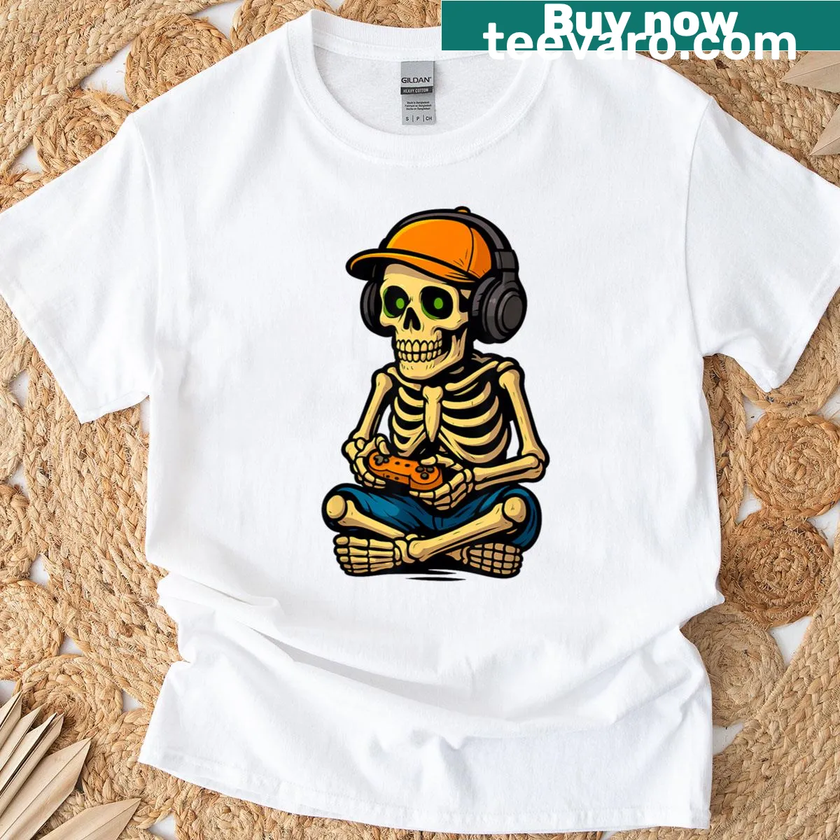 Skeleton gamer with headphones and controller illustration — on a men's t-shirt