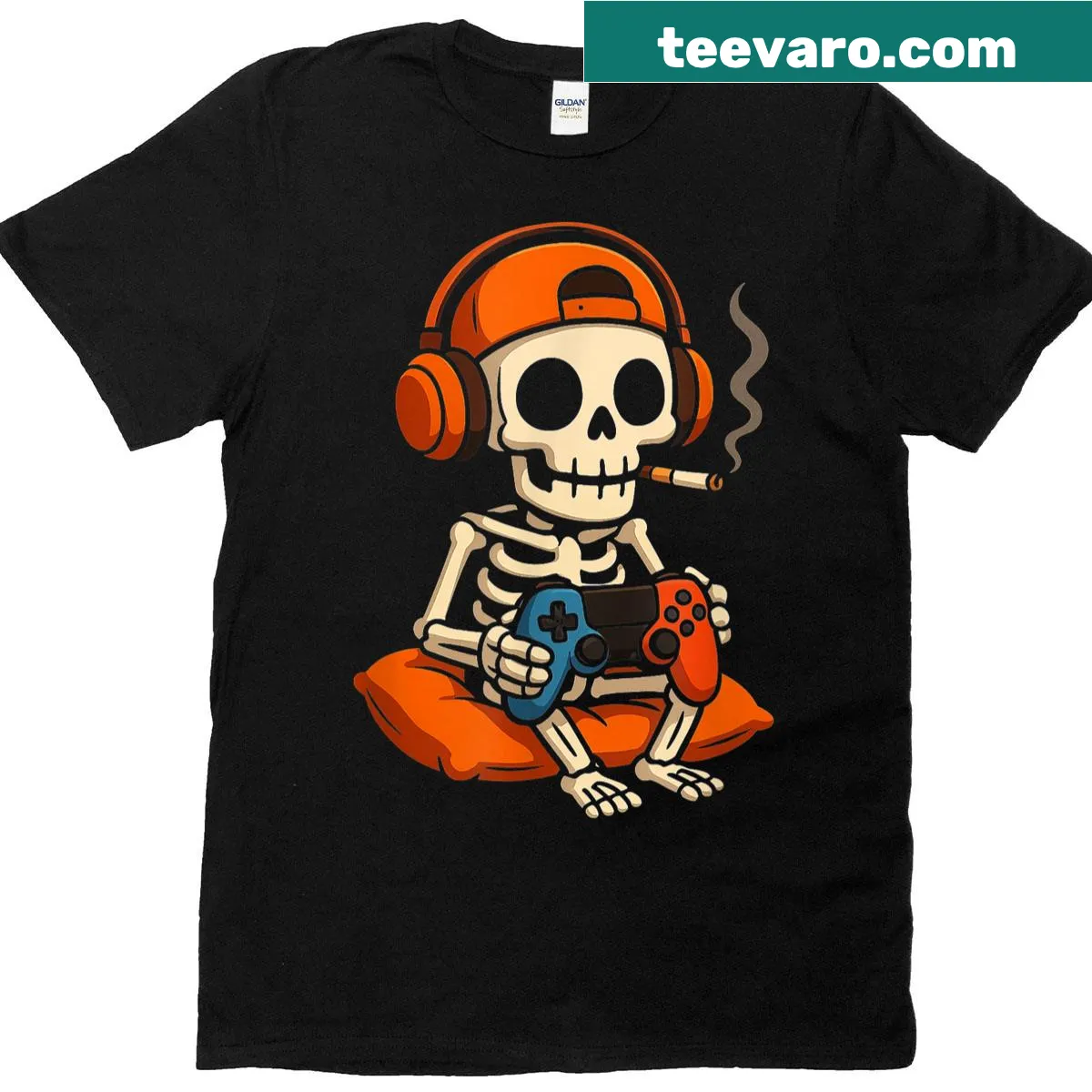 Retro skeleton graphic for gamers celebrating Halloween. — on a men's t-shirt