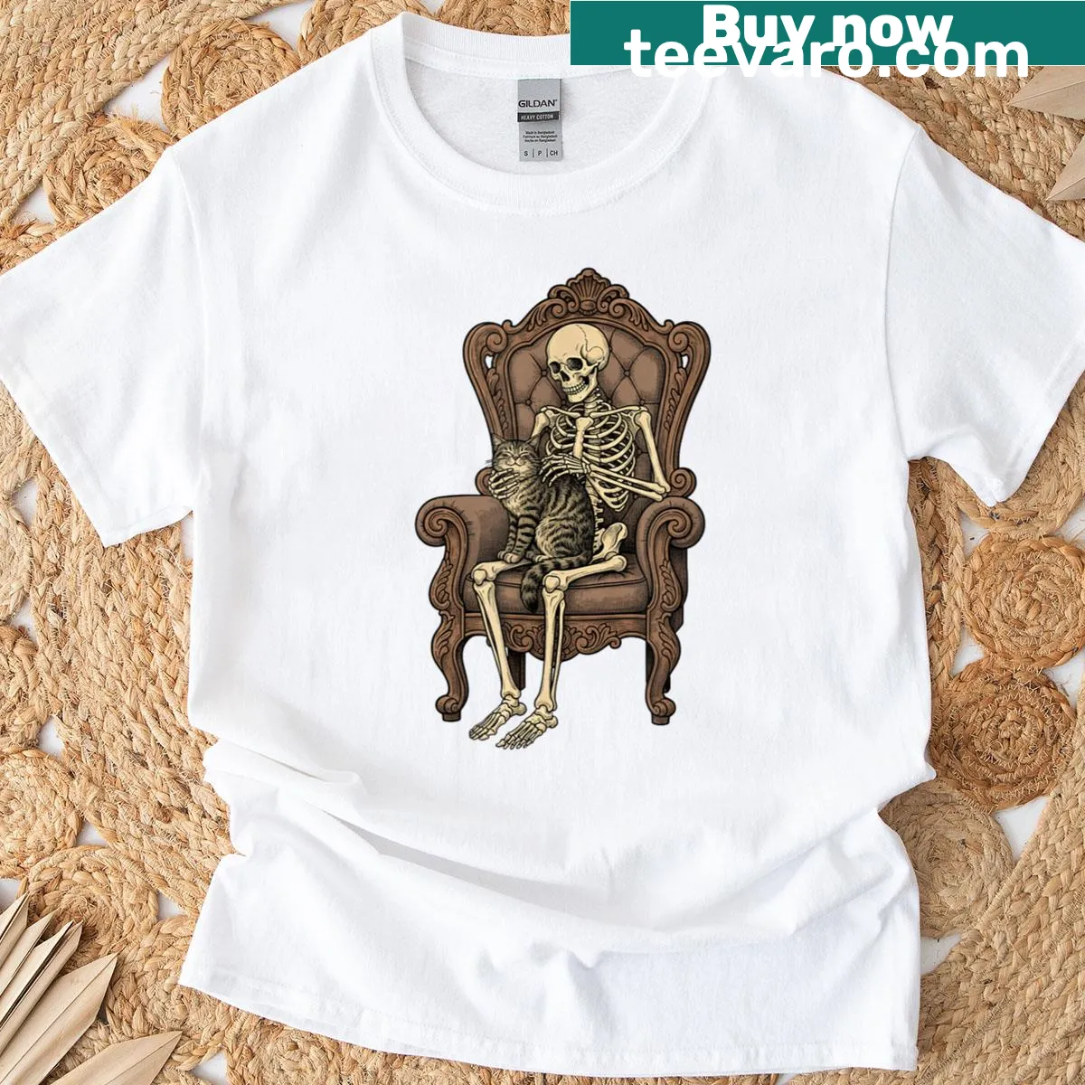 Halloween shirt with a skeleton holding a cat design — on a men's t-shirt