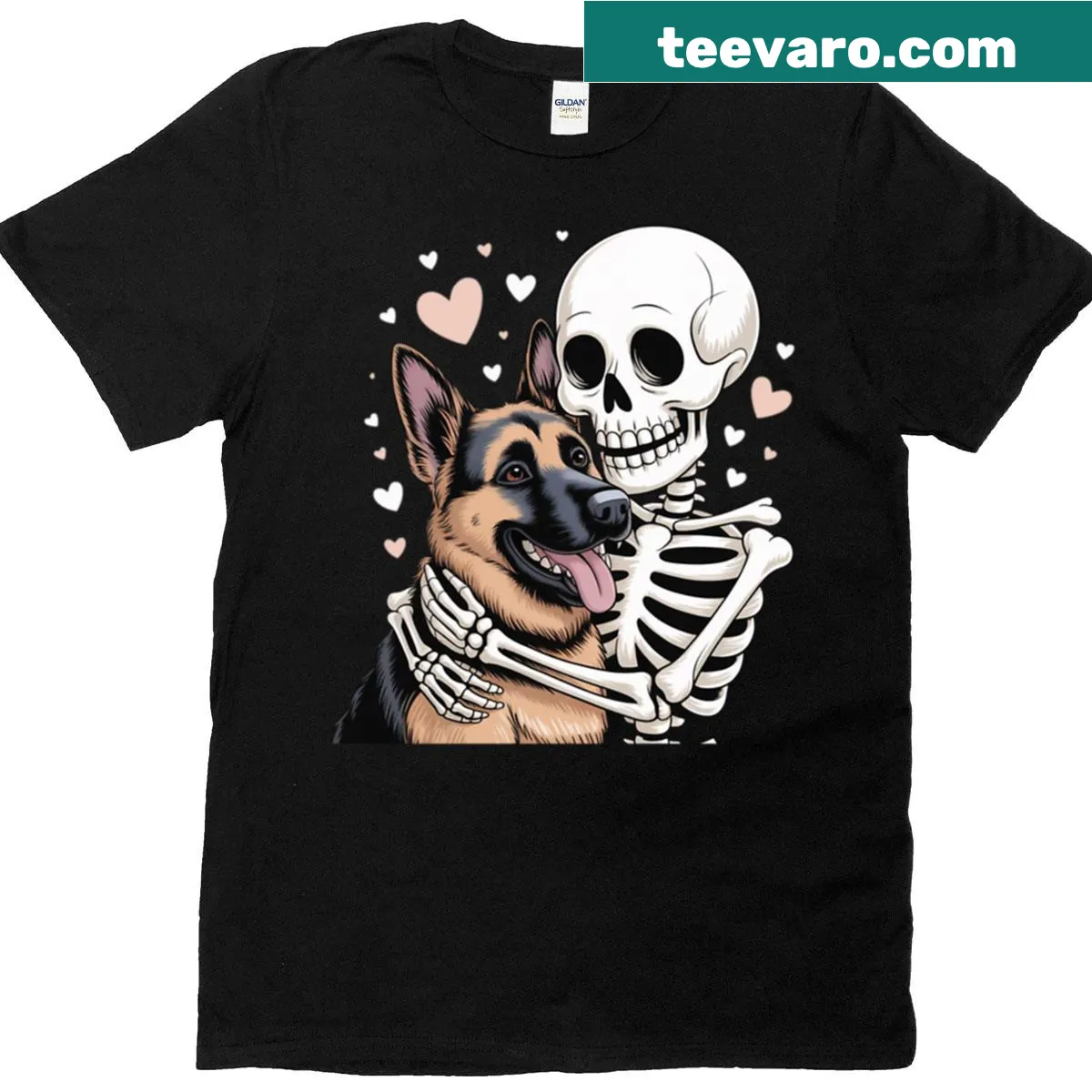Cute skeleton hugging a German Shepherd Halloween T-shirt design. — on a men's t-shirt