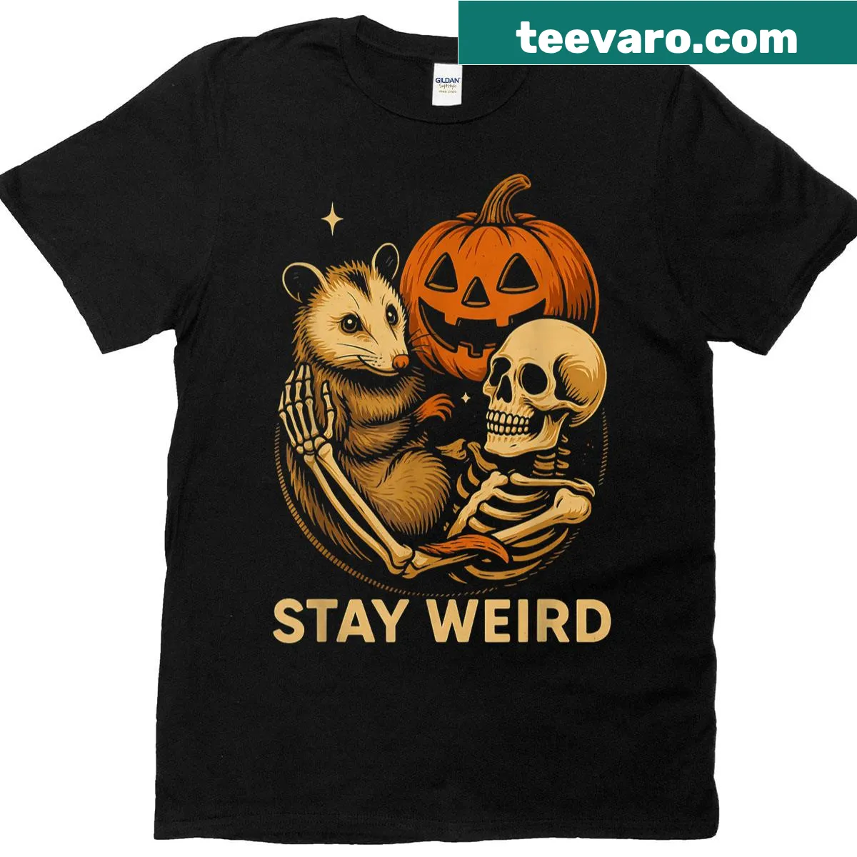 Skeleton hugging an opossum with Stay Weird text — on a men's t-shirt