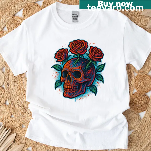 Glow-in-the-dark t-shirt featuring roses and skulls illustration