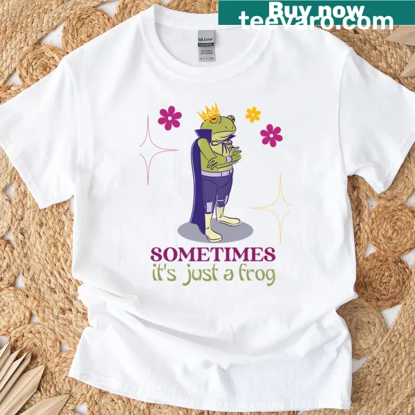 Cartoon frog illustration with humorous text on a t-shirt