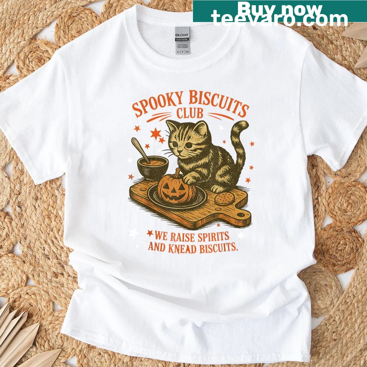 Funny Halloween T-shirt with a cat and baking theme. — on a men's t-shirt