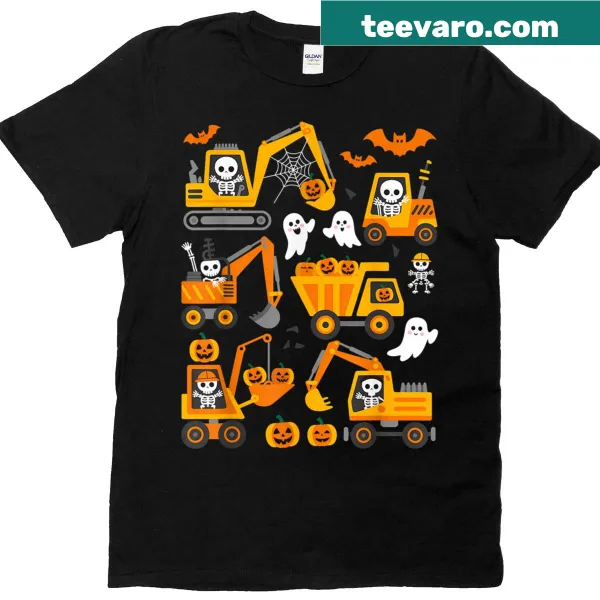 Cartoon construction trucks with Halloween-themed decorations