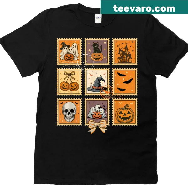 Postage stamp style Halloween T-shirt with a spooky design.