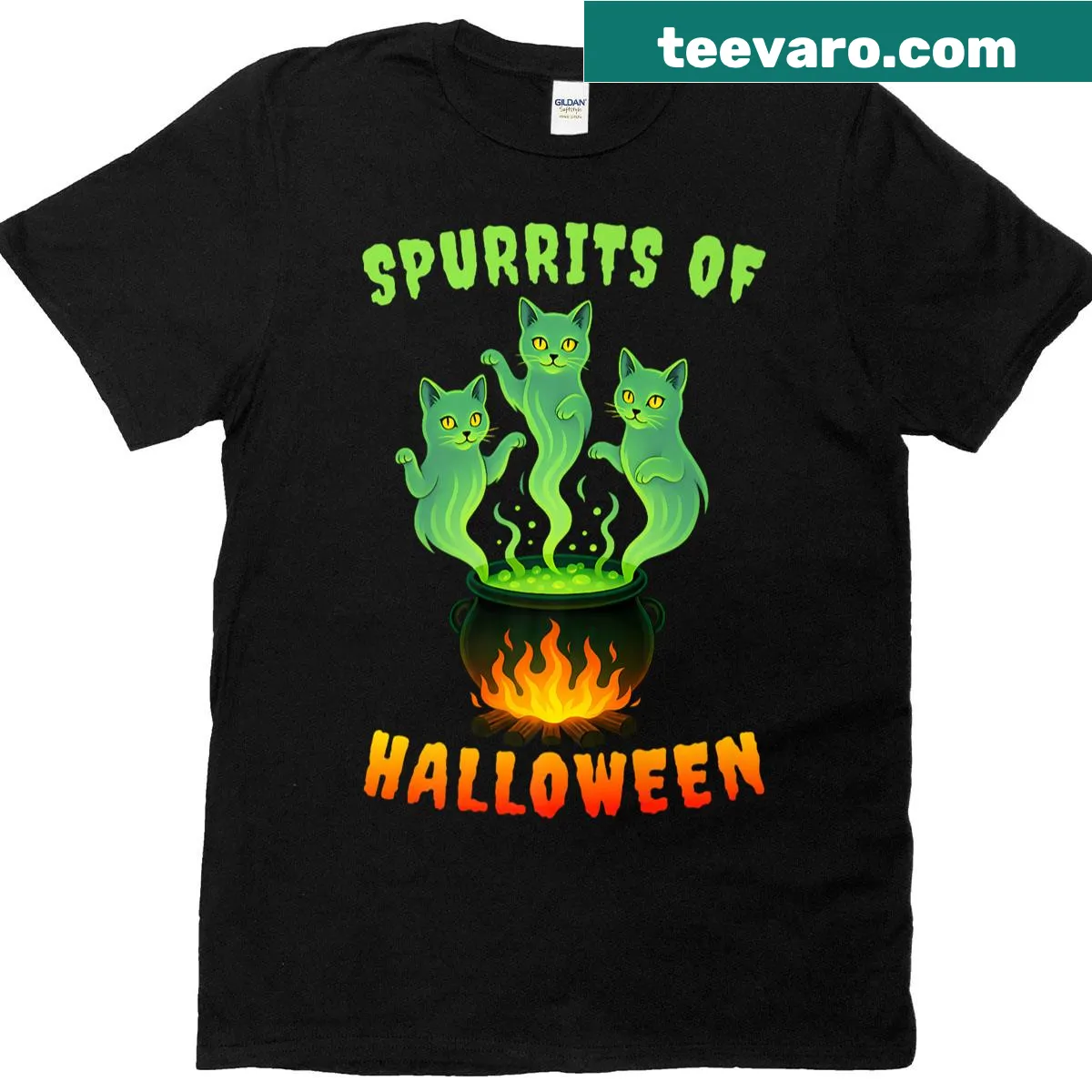 Vintage-style Halloween T-shirt with ghost cats — on a men's t-shirt