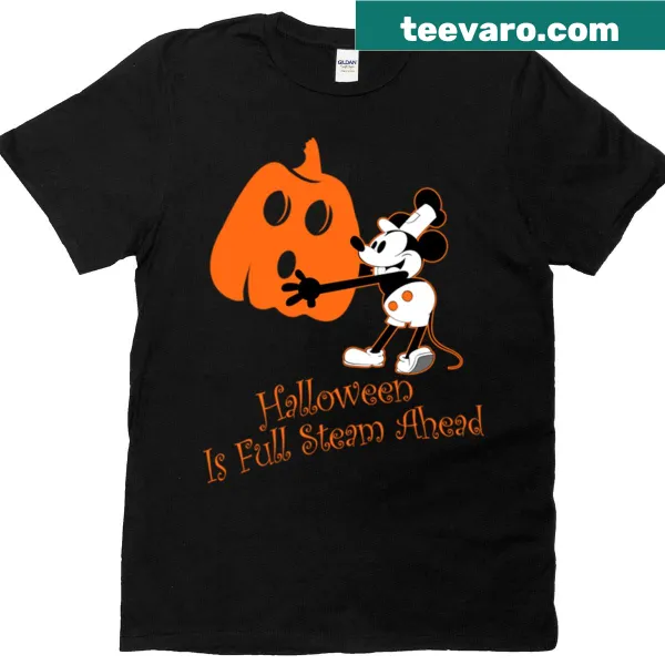 Cartoon-style Halloween shirt featuring Steamboat Willie in a festive design.
