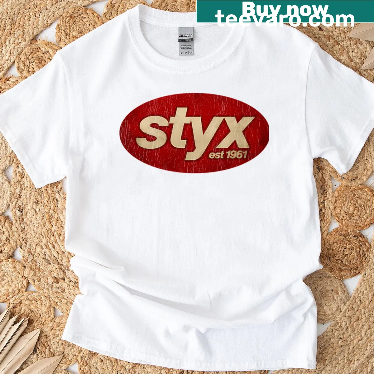 Vintage T-shirt featuring classic Styx graphics — on a men's t-shirt