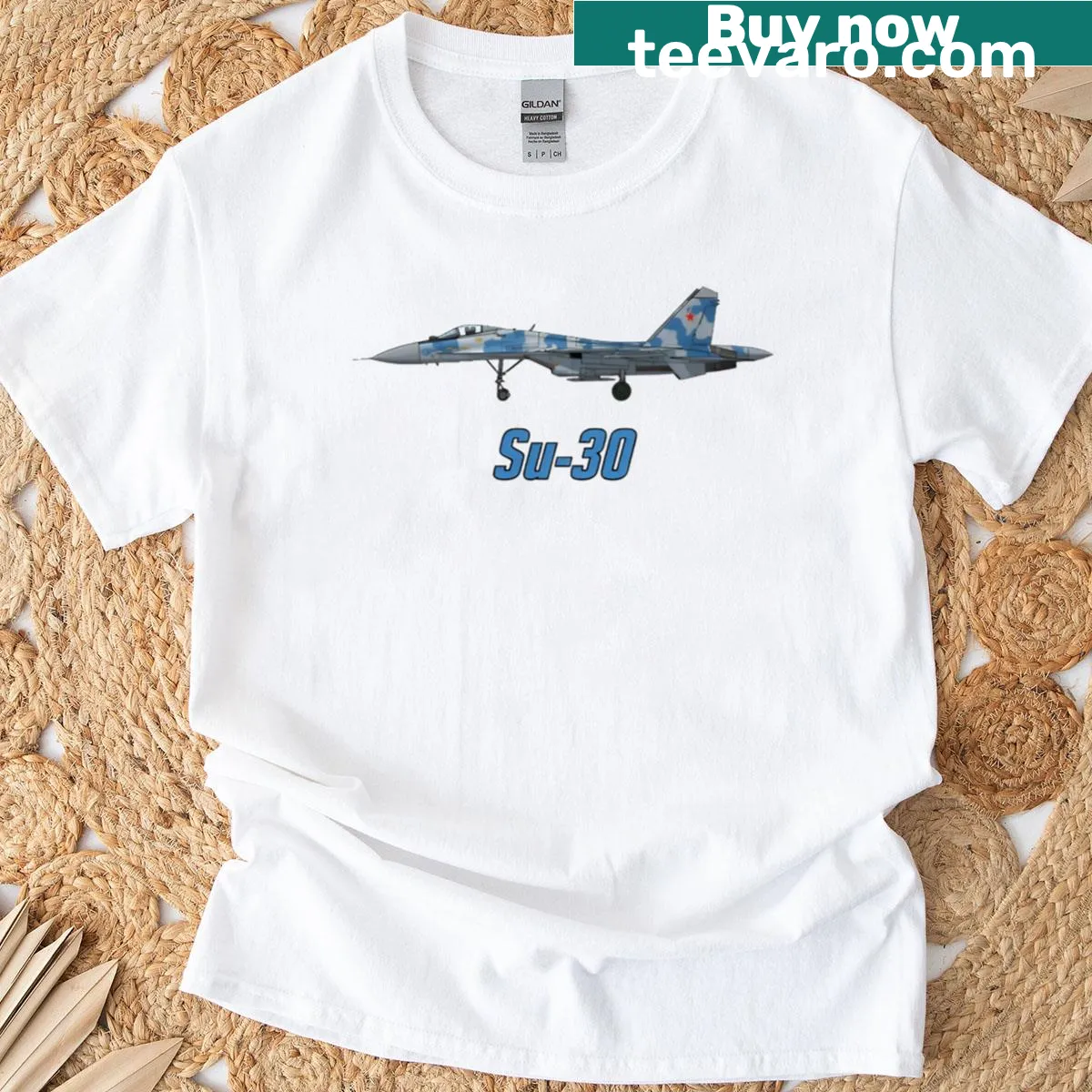 T-shirt featuring an illustration of the Su-30 fighter jet — on a men's t-shirt