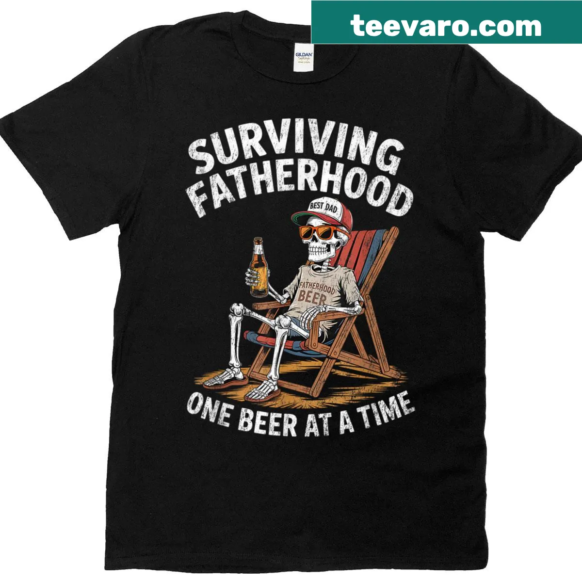 Funny skeleton with beer themed Surviving Fatherhood t-shirt — on a men's t-shirt
