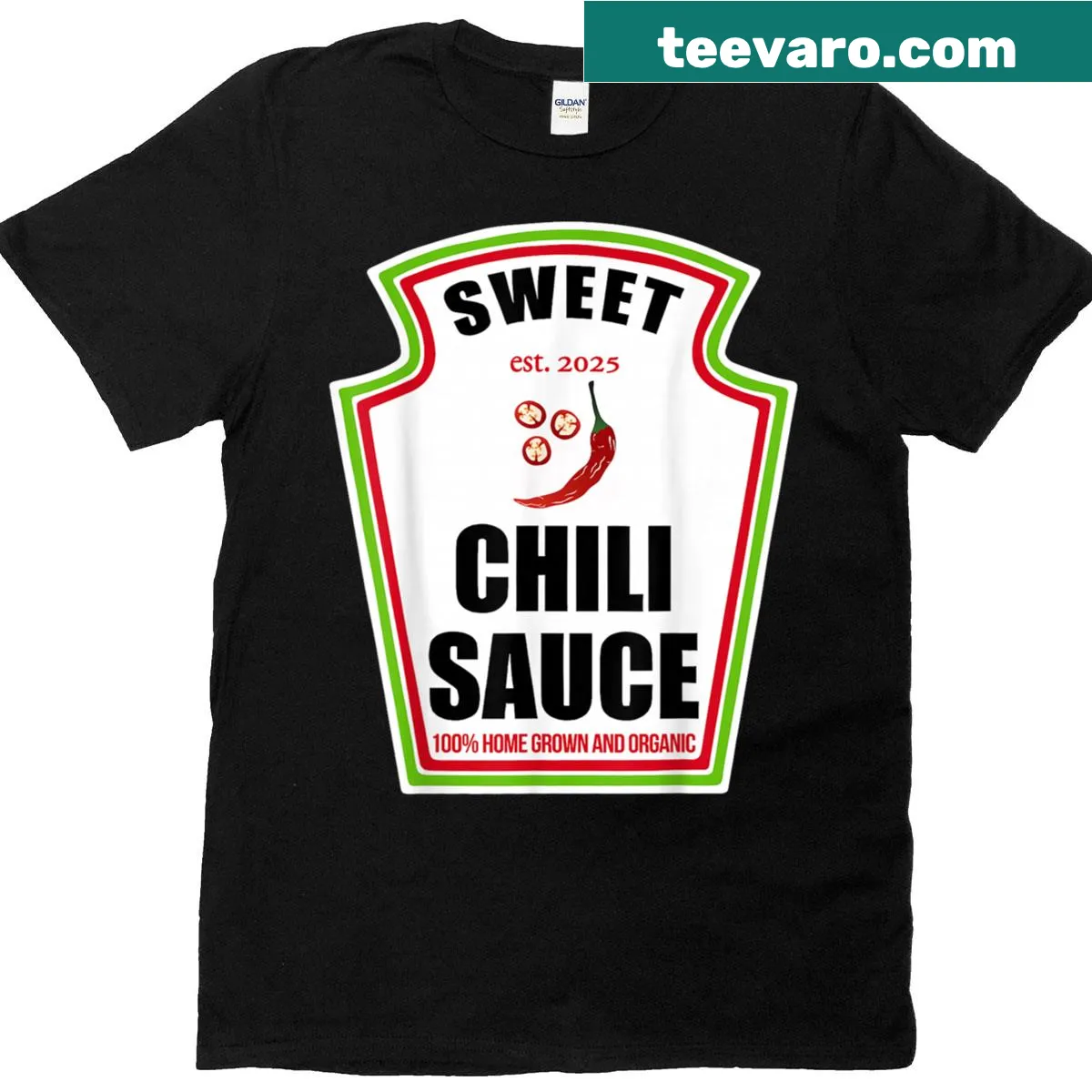 T-shirt featuring a playful sweet chili sauce design — on a men's t-shirt