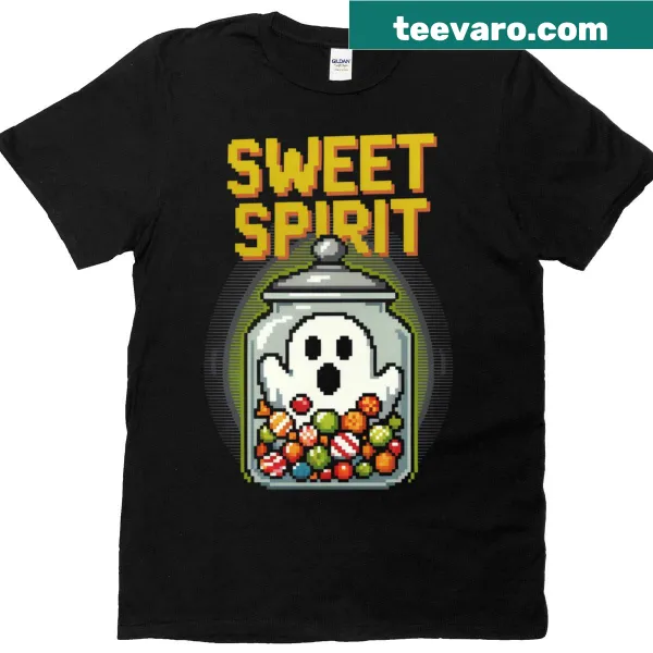 Funny Halloween t-shirt with pixel art ghost and candies design.