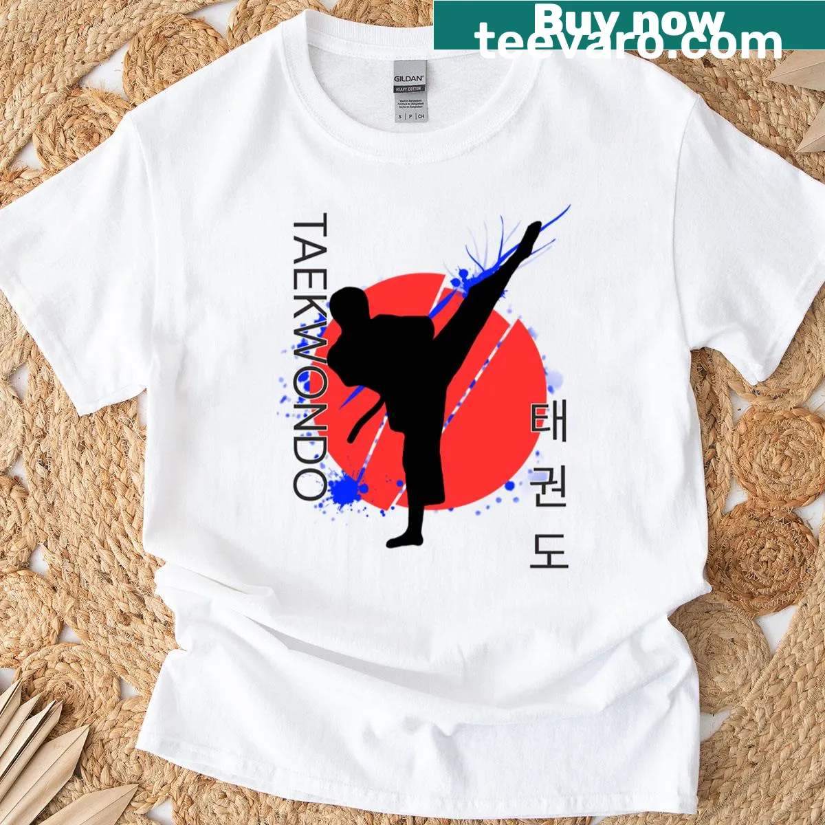 Minimalist Taekwondo shirt featuring Hangul text design — on a men's t-shirt