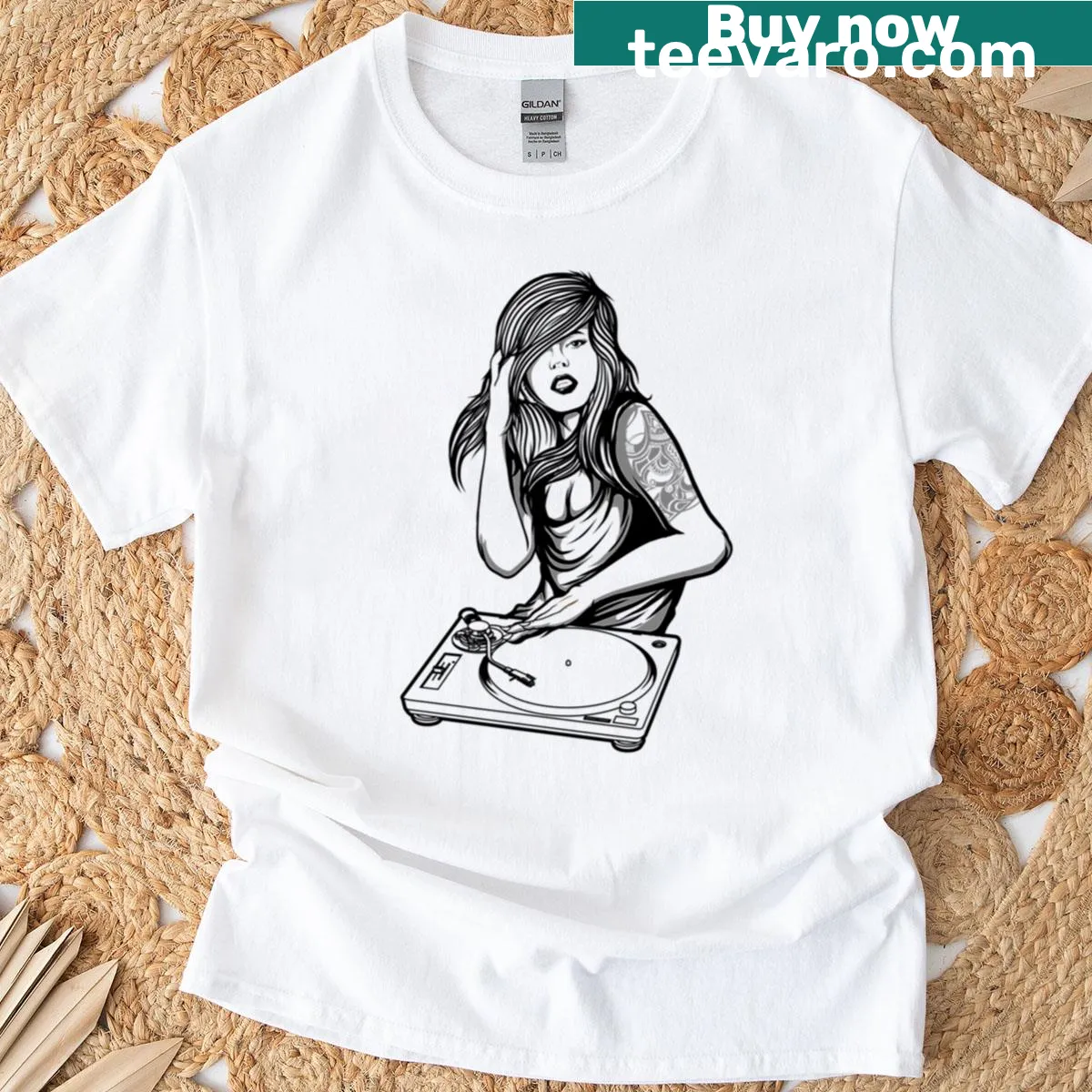 Tattooed girl holding a record graphic design — on a men's t-shirt
