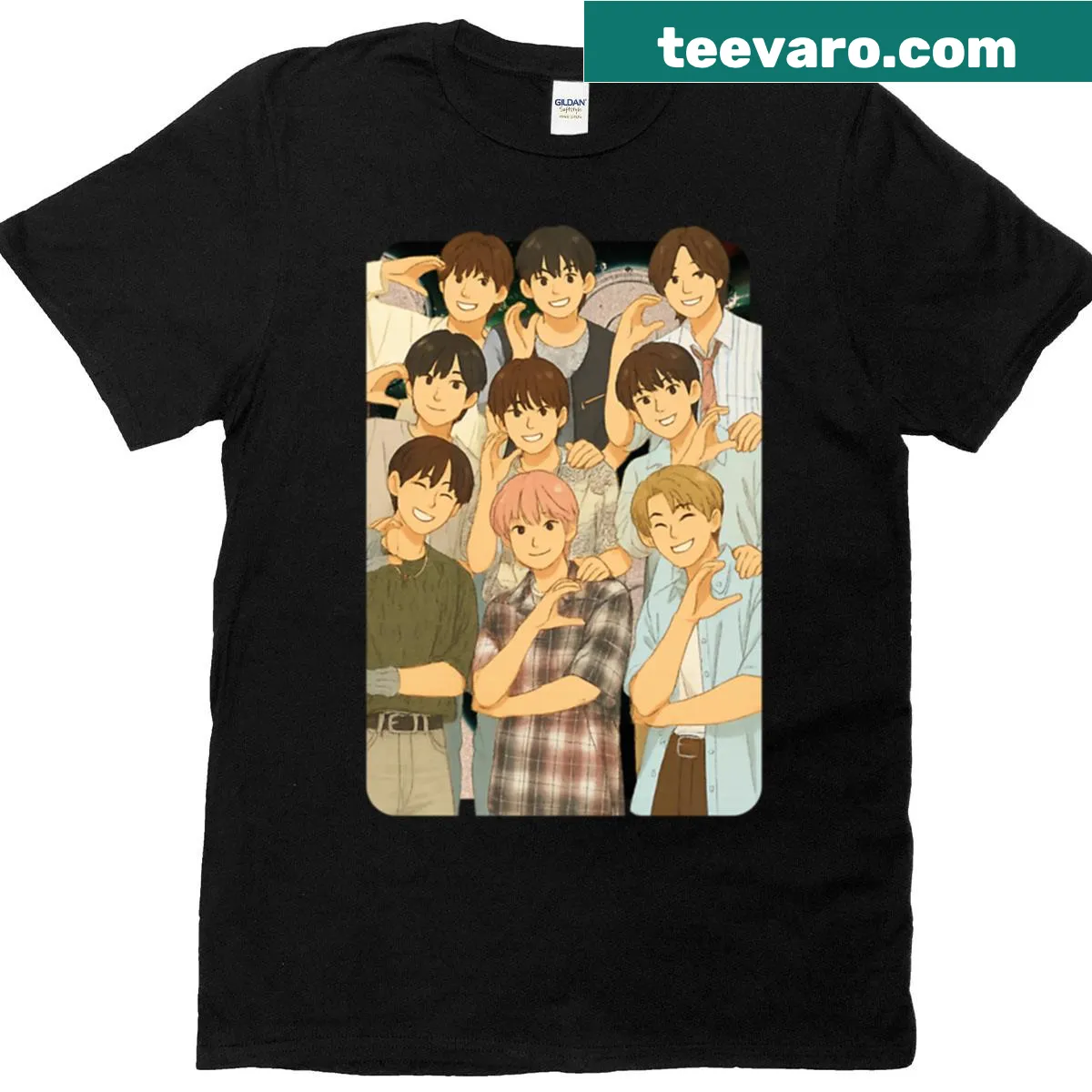 Cartoon illustration collage of K-pop group on T-shirt — on a men's t-shirt