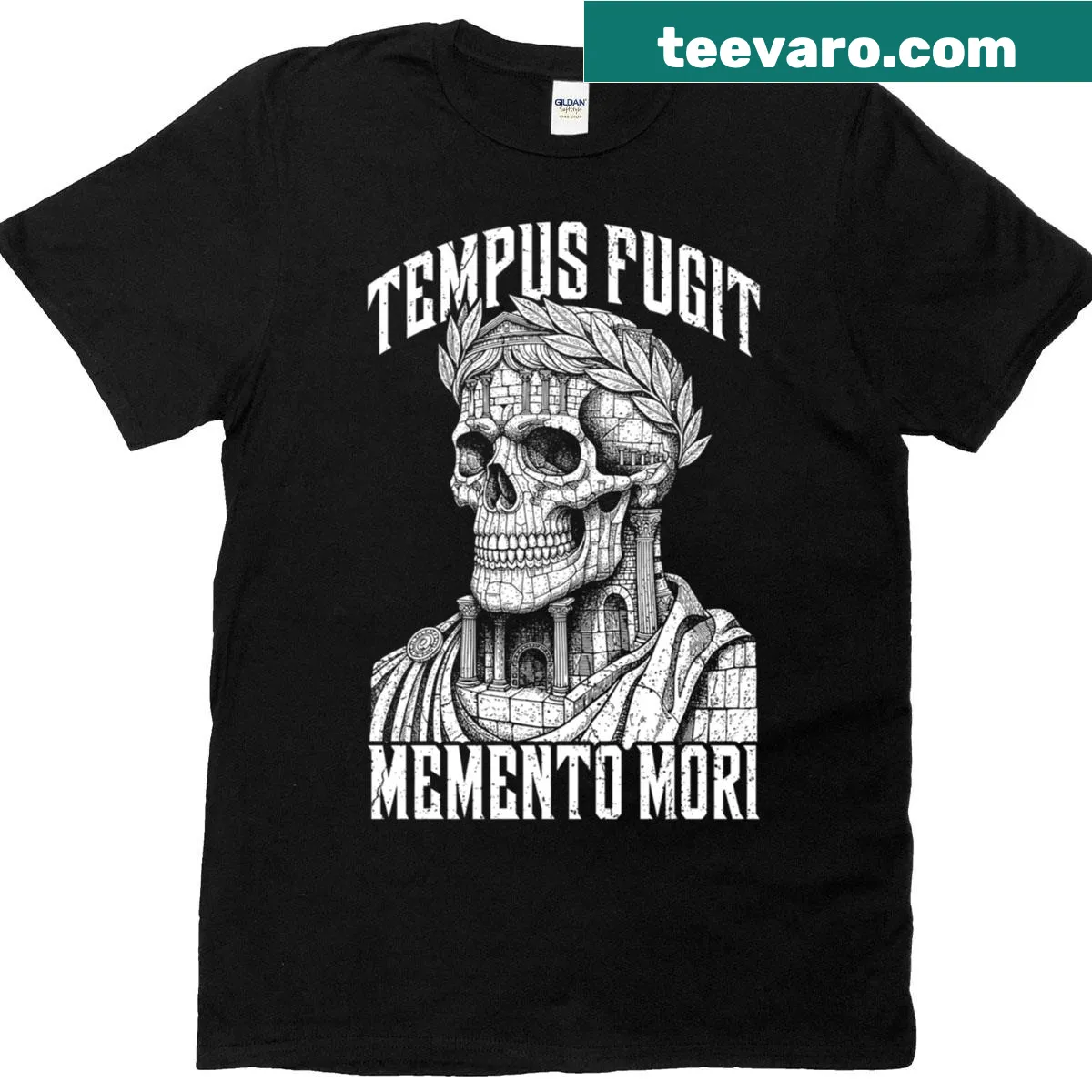 Skull and philosophical text t-shirt about time and mortality — on a men's t-shirt