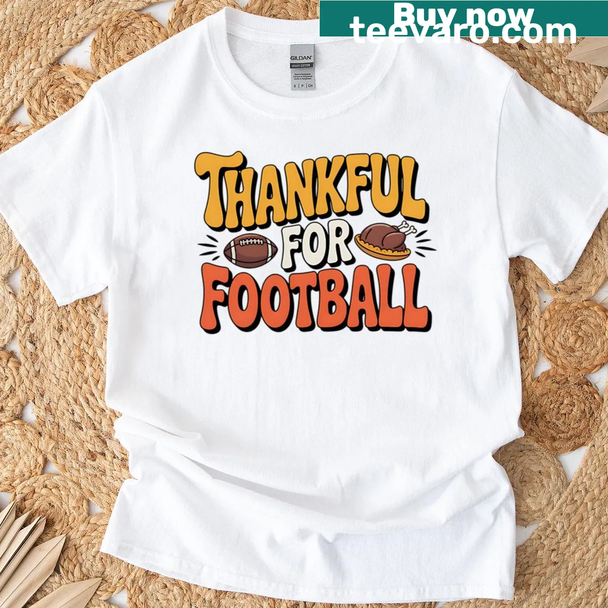 Thanksgiving design with football theme, featuring heartfelt typography — on a men's t-shirt