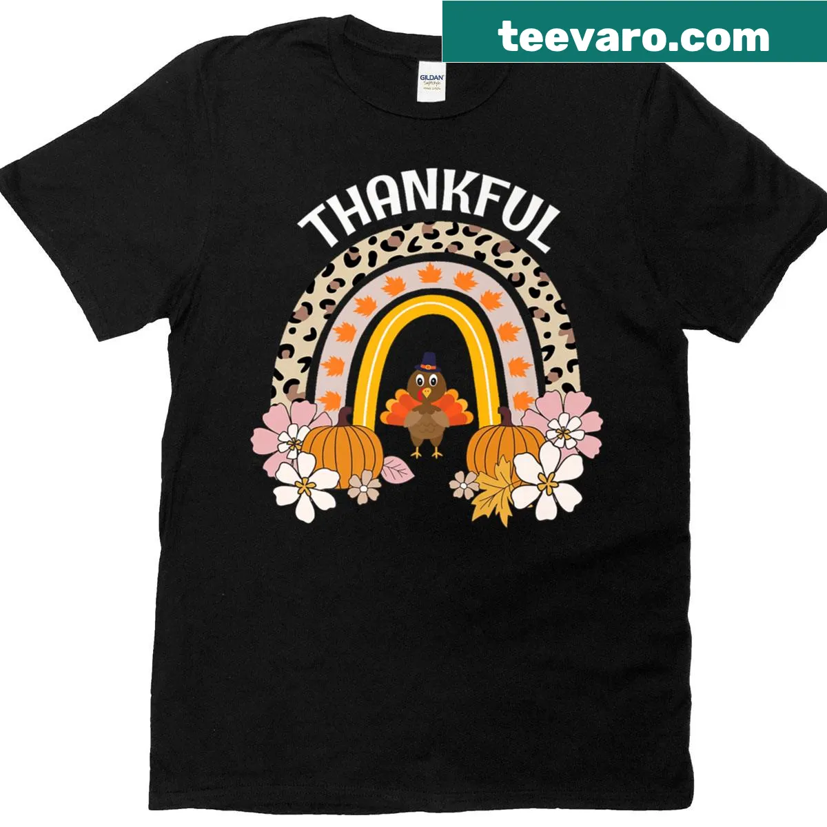 Retro Thanksgiving turkey T-shirt with rainbow leopard pattern and 'Thankful' text — on a men's t-shirt